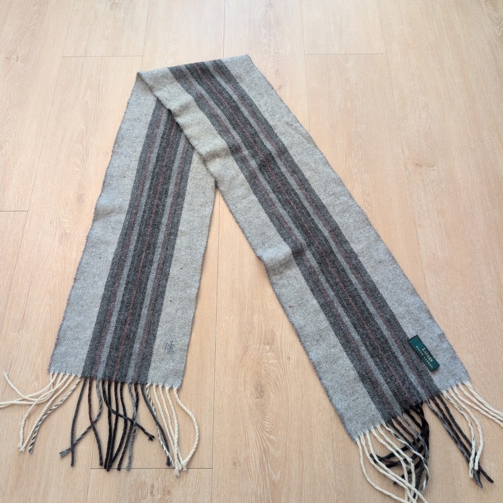 VTG Lauren Ralph Lauren Striped Wool Blend Scarf with Fringe Burgundy Charcoal